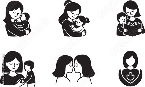 Diverse group of women and children depicted in various activities and poses