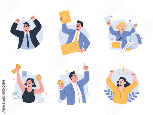 A group of happy business people celebrating success with money and documents in a modern office setting