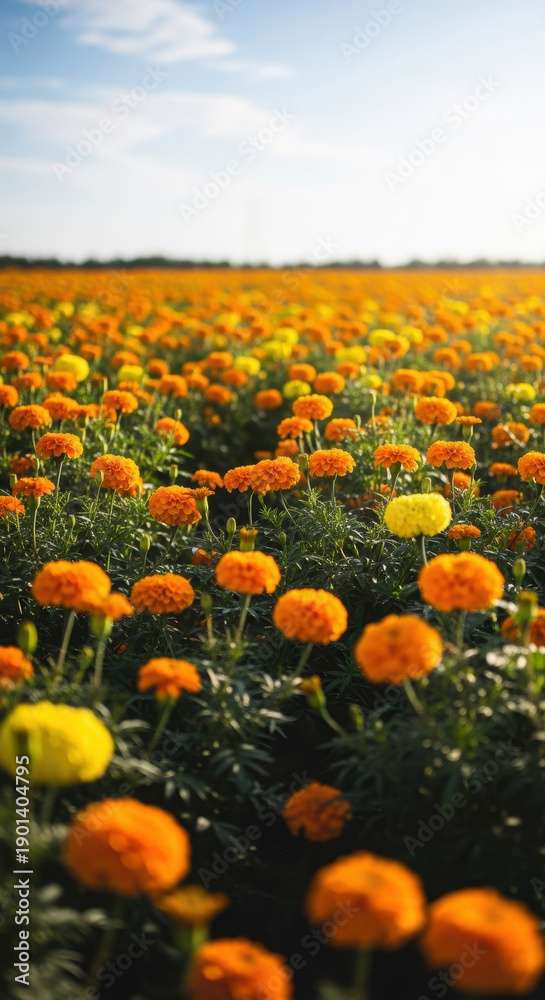 Fototapeta premium Vast field of vibrant orange marigolds blooming under a clear blue sky