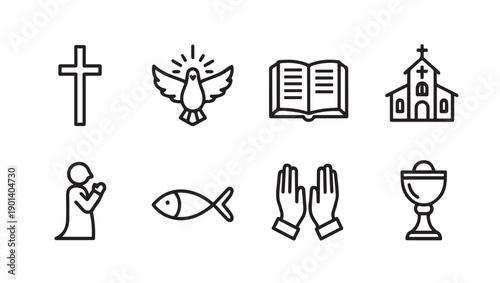 Christianity Religious Symbols Icons Collection - Cross, Dove, Bible, Church, Praying, Fish, Hands, Chalice