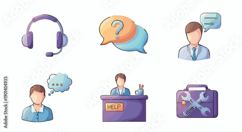A set of colorful vector icons depicting customer support and service concepts