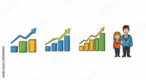 A colorful vector graphic illustrating business growth with bar charts and a team of professionals