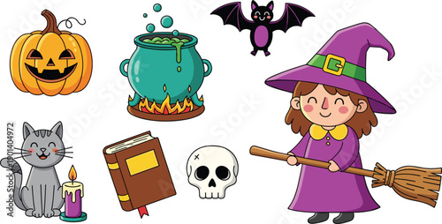 Cute Halloween Vector Illustration Set Featuring a Little Witch With Broomstick Jack O Lantern Pumpkin Magic Cauldron Bat Skull and Black Cat