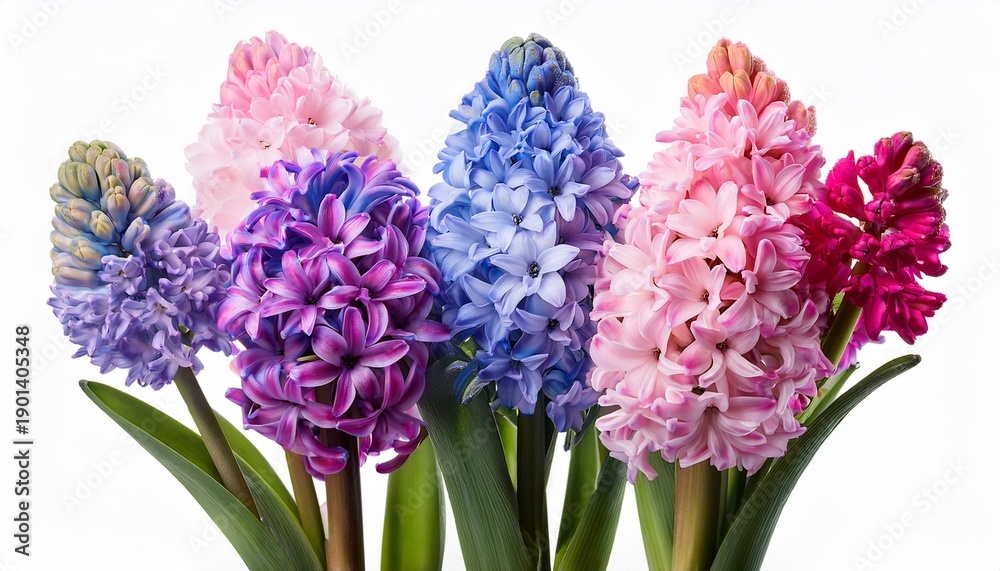 Obraz premium Hyacinth Flowers With Stem And Leaves In Pink Purple And Blue Colors Photography Isolated On White Background