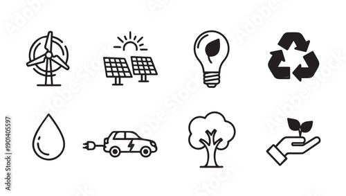 Ecology Icons Set: Wind Turbine, Solar Panels, Light Bulb, Recycle, Water Drop, Electric Car, Tree, Hand Plant