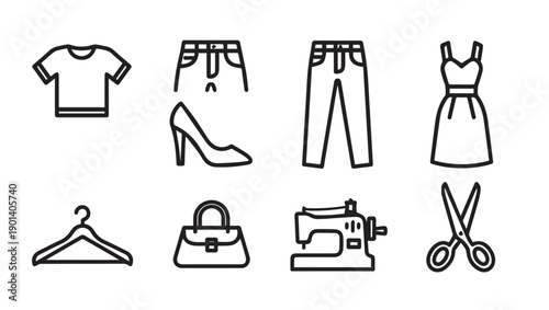 Fashion and Sewing Icons: Clothing, Accessories, and Tools - Vector Art
