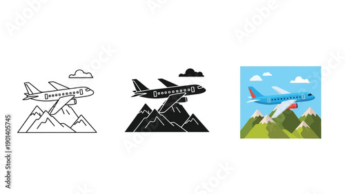Set of three airplane flying over mountains icons outline, silhouette and color flat design vector illustrations for travel and aviation concepts