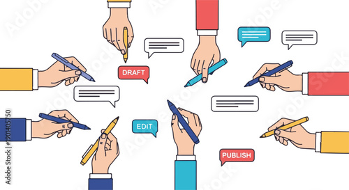 Collaborative Writing Team Illustration Featuring Diverse Hands Using Pens to Create Draft Edit and Publish Content for Creative Workflow and Editorial Projects