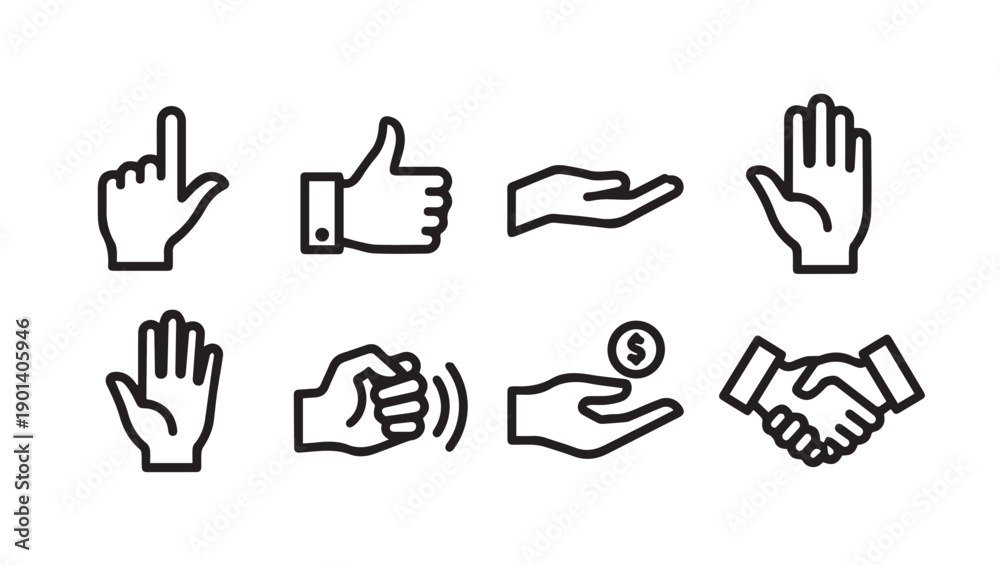 Obraz premium Hand Gestures Icons Set Vector Simple Line Drawing Business Concepts