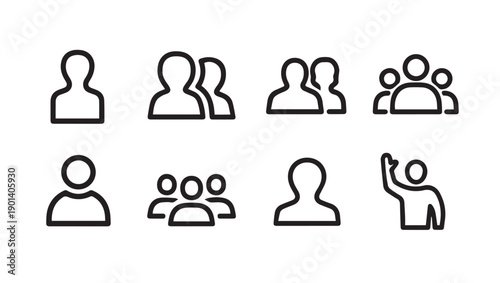 Group of People Icons in Different Sizes and Formations, Simple Line Art Style