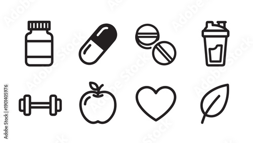 Health and Fitness Icons: Dumbbell, Heart, Pills, Shaker, Leaf, Bottle