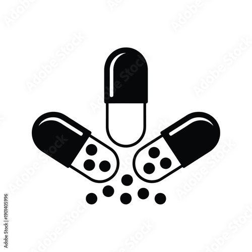 Black and white illustration of pills some open with granules spilling