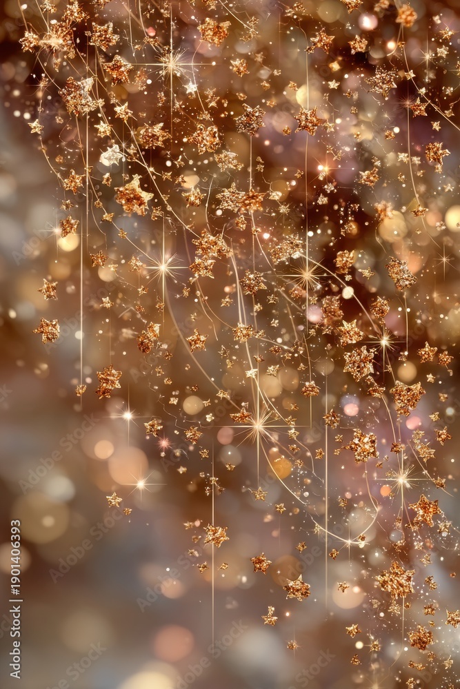 Fototapeta premium Glittering gold light background with star shapes, bokeh and delicate hanging sparkles for festive, luxurious visuals