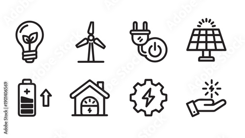Renewable Energy Icons Set: Light Bulb, Wind Turbine, Solar Panel, Battery, House, Gear