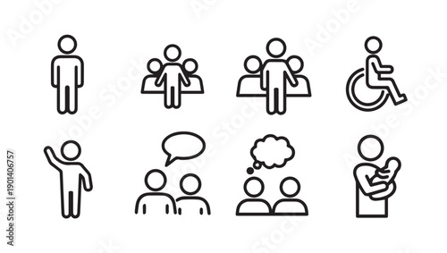 Set of diverse people icons, including family, disability, and communication concepts, vector illustration