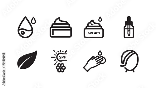 Skincare Icons: Drops, Cream, Serum, Leaf, SPF, Hand, Face - Vector Stock
