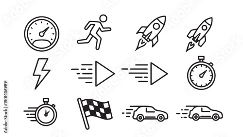 Speed and Movement Icons: Stopwatch, Runner, Rocket, Play Button, Car, Flag