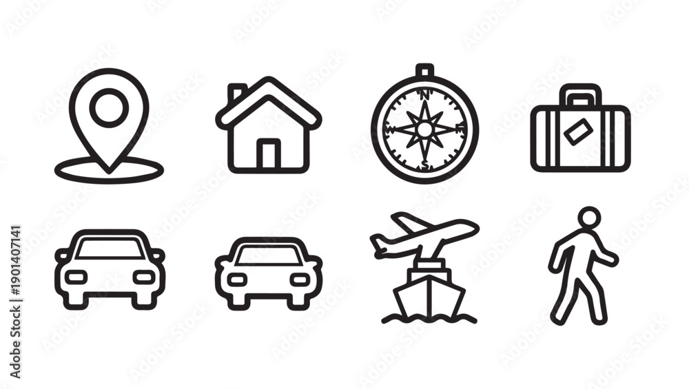 Fototapeta premium Travel Icons Set: Location, House, Compass, Suitcase, Cars, Plane, Ship, Person