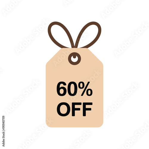 A beige tag displays a sixty percent off sale promotion