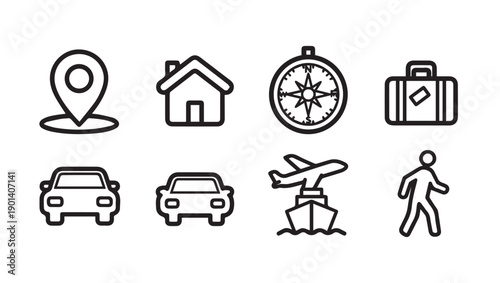 Travel Icons Set: Location, House, Compass, Suitcase, Cars, Plane, Ship, Person