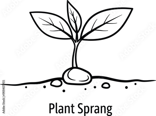 Black line art illustration of a small seedling plant sprouting from a seed in soil for growth nature and environment concept