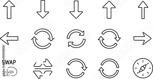 Minimalist navigation arrow and interface icon set featuring refresh swap compass and direction symbols in a clean black line art vector style