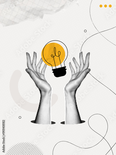 Trendy Halftone Collage Two Hands holds lightbulb. Creative mind or brainstorm. Create creative idea concept. Business solutions. Think outside the box. Marketing time. Contemporary vector art