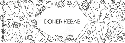 Doner kebab cooking and ingredients for kebab. Whimsical food doodles. Sketch illustration. Arabic cuisine. Fast food menu design elements. Shawarma hand drawn. Middle eastern food.