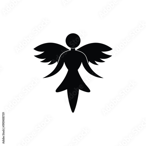 A black silhouette of a winged figure with a flowing dress and long hair Vector