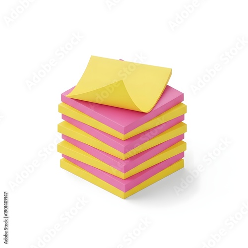 3D isometric stack of yellow and pink sticky notes icon, colorful square post-it note pad with curled corner for office and organization isolated on white background.