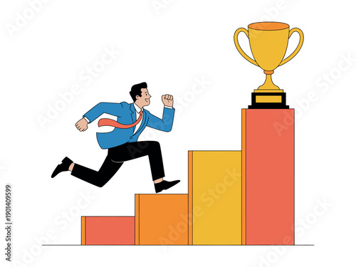 A determined businessman running up a bar graph towards a trophy, symbolizing success and achievement in business and career growth.