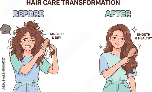 Before and after hair care transformation illustration showing improvement from tangled and dry to smooth and healthy hair condition