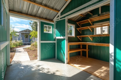 In a charming backyard setting, a small green shed stands proudly, featuring wooden shelves and providing a clear view of a picturesque garden path bathed in sunlight