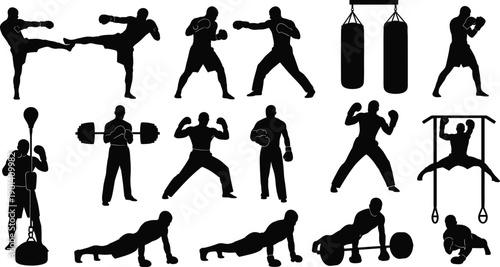 Boxing and fitness silhouette set with punching, kicking, weightlifting, and training poses, vector artwork