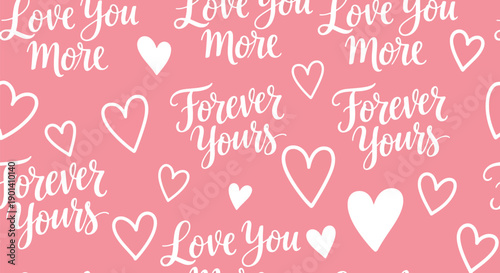 Seamless Valentine wallpaper with cursive love quotes and heart doodles, featuring romantic stationery style, gentle emotions, and modern decorative vector background design