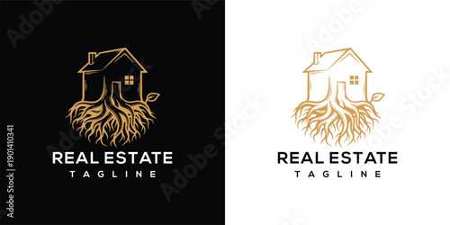 Real Estate Logo House with Roots Golden Line Art.