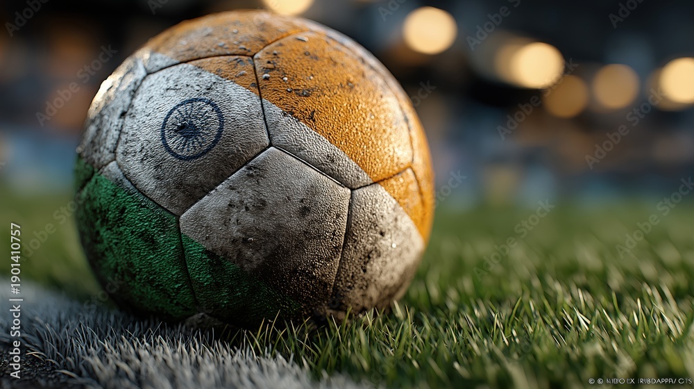Fototapeta premium Close up of dirty soccer ball with India flag tricolor and Ashoka Chakra texture on grass field. Indian national football team, ISL league or championship game concept