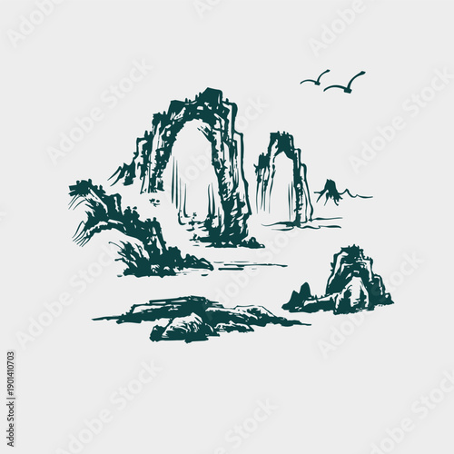 mountains set japanese chinese vector ink traditional asian design isolated