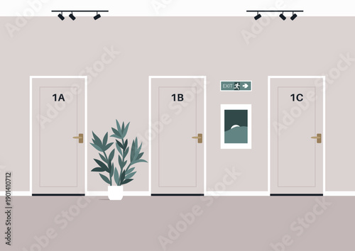 Brightly lit hallways showcase three stylish condo doors, framed by a vibrant plant, creating a serene environment for residents and visitors alike.