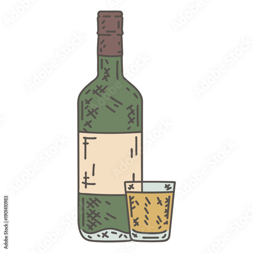 Liquor bottle and glass