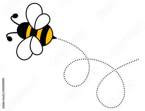 Cute bee with dotted flight path. Playful bumblebee mascot design. Vector illustration isolated on white.