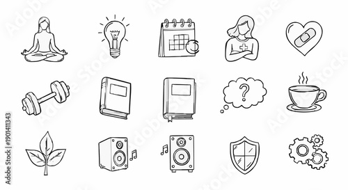 A collection of minimalist line art icons representing wellness and productivity concepts