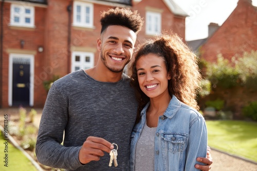 Joyful couple outside their new home holding keys after purchase