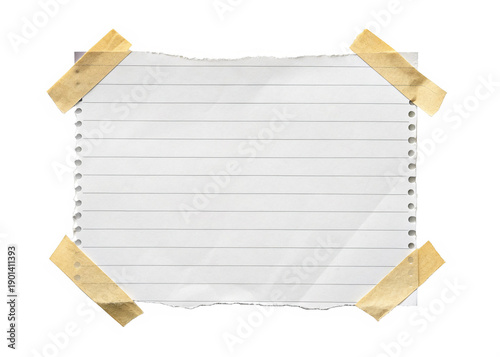 Torn paper note with tape isolated on a transparent background.