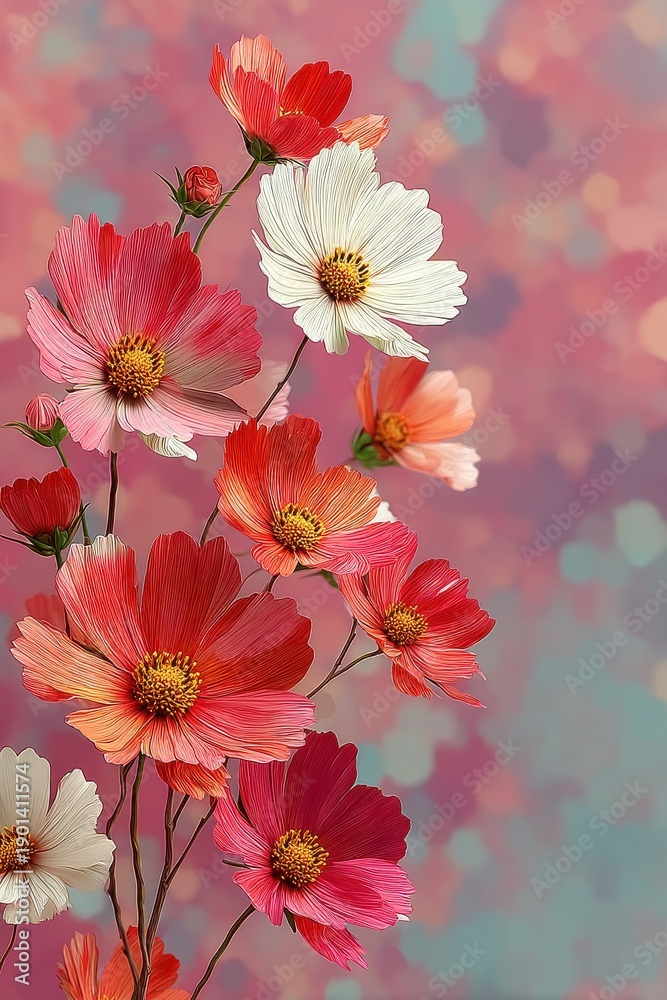 Fototapeta premium Delicate cosmos flowers on a pink pastel background with soft bokeh and vibrant petals