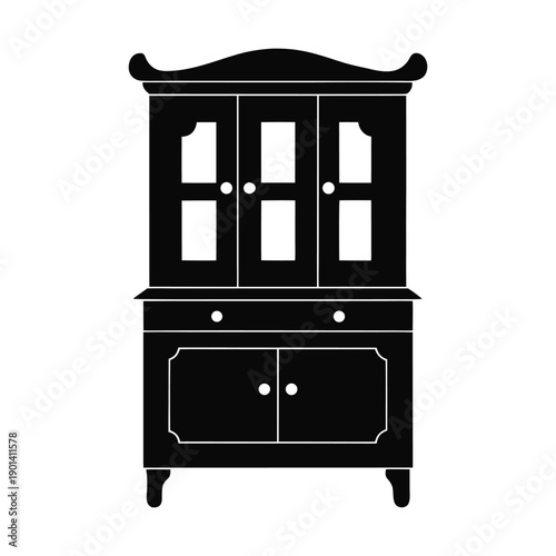 An elegant black wooden china cabinet with glass doors and two drawers underneath. Vector