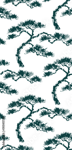 pine tree japanese chinese seamless vector pattern ink design 