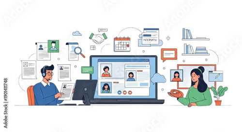 Remote job interview with candidate and recruiter on laptop