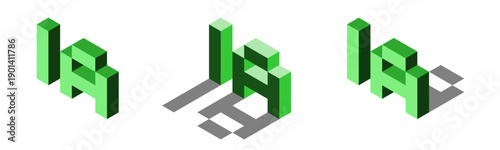 IA or Artificial Intelligence AI Futuristic Technology 3D Style Voxel Art Text Design Green Icon Set with Shadow Effect in Isometric Perspective View. Vector Image.