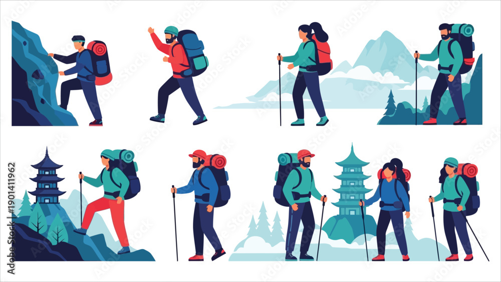 Fototapeta premium Vector Illustration Set of Hikers and Climbers in a Flat, Modern Style